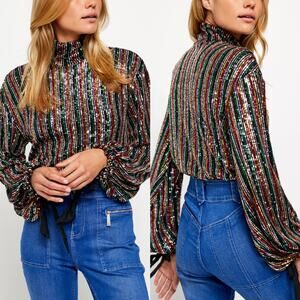 Free People Midnight City Sequin Mock Neck Top Sz XS Disco Rave Festival